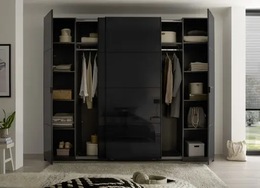 Schwebe- Drehtürenschrank - B. ca. 267 cm, Grauglas, Graphit