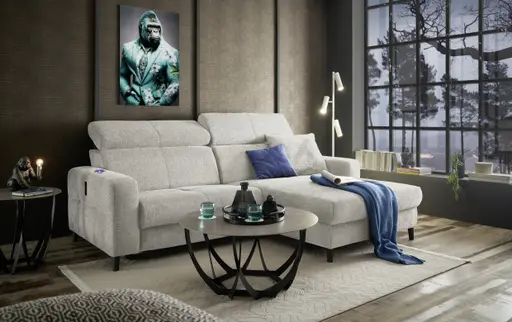 Ecksofa JANKO - 1-Sitzer mit Longchair rechts, Relaxfunktion motorisch, Stoff, Beige