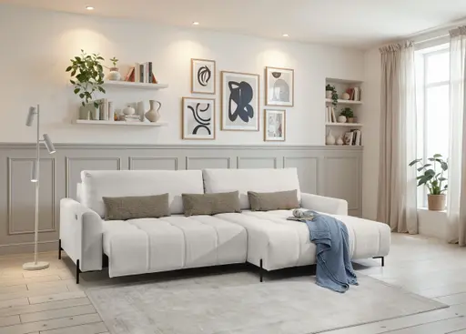 Ecksofa - 2-Sitzer mit Longchair rechts, Sitztiefe verstellbar motorisch, Stoff, Sand