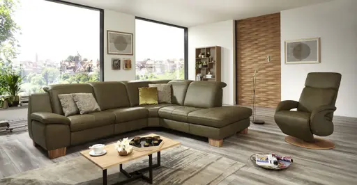 Ecksofa - 2-Sitzer mit Ecke rechts, Sitztiefe verstellbar, Leder, Olive