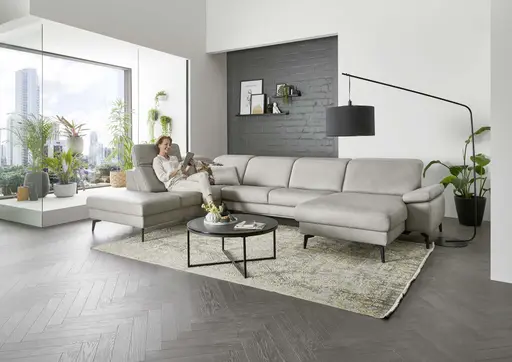 Wohnlandschaft - Ecke links mit 2,5-Sitzer und Longchair rechts, Kopfteil verstellbar, Leder, Alufarben