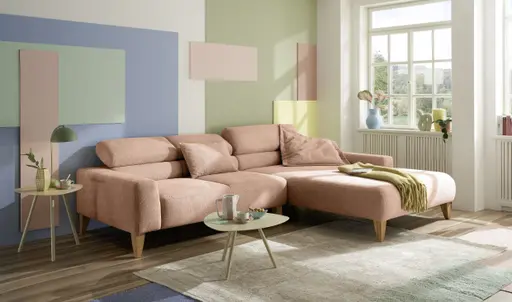 Ecksofa CHENOA - 2-Sitzer mit Longchair rechts, Kopfteil verstellbar, Stoff, Pfirsich