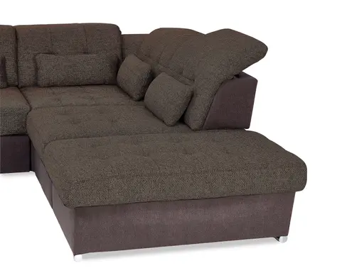 Wohnlandschaft - Longchair links, 3-Sitzer, Ecke rechts inkl. Schlaffunktion, Bettkasten, Kopfteilverstellung, Sitztiefenverstellung in Kunstleder Braun