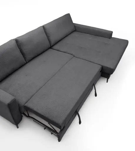 Ecksofa - 3-Sitzer mit Longchair rechts, Schlaffunktion mit Bettkasten, Stoff, Anthrazit