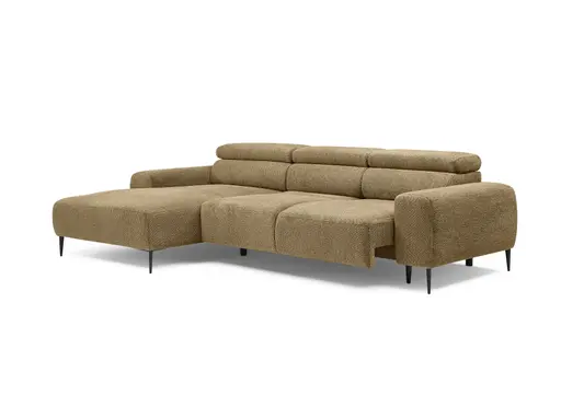 Ecksofa - Longchair links mit 2-Sitzer, Sitzvorzug motorisch, Kopfteil verstellbar, Stoff, Senfgelb