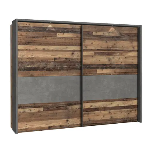 Schwebetürenschrank FEA - mit Passpartout, mit Beleuchtung, B. ca. 270 cm, Old Wood Vintage Dekor, Betonoptik Dunkelgrau