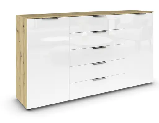 Kommode RIPP- Eiche Dekor, Glas, Weiß