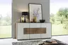 Sideboard - Kerneiche massiv, Mattglas, Weiß mit Hirnholzscheiben