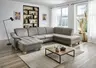 Wohnlandschaft - Longchair links mit 2,5-Sitzer und Ecke rechts, Kopfteil verstellbar, Stoff, Platin