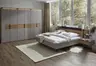 Bett Scottsdale - inkl. Polsteraufsatz, Konsole links/rechts, Paneelaufsatz links/rechts mit Beleuchtung, Liegefläche ca. 180x200 cm, Wildeiche massiv, Lack samtgrau